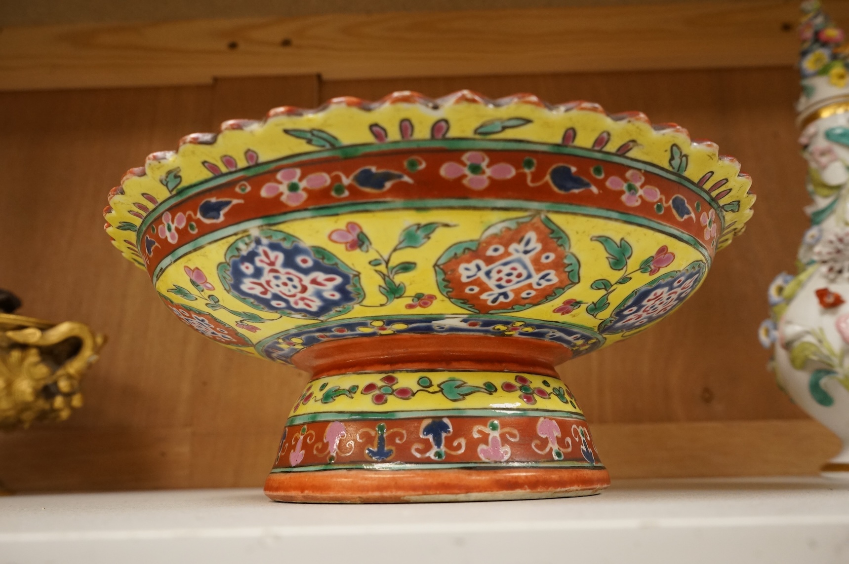 A late 19th century Chinese bencharong stem dish, made for Thai market, 23cm diameter